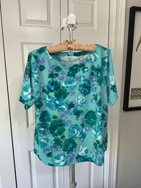 Isaac Mizrahi Floral Short-Sleeve Blouse in Aqua